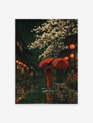 Japanese rainy street poster featuring two people with red umbrellas under cherry blossoms at night, with traditional buildings and lanterns.