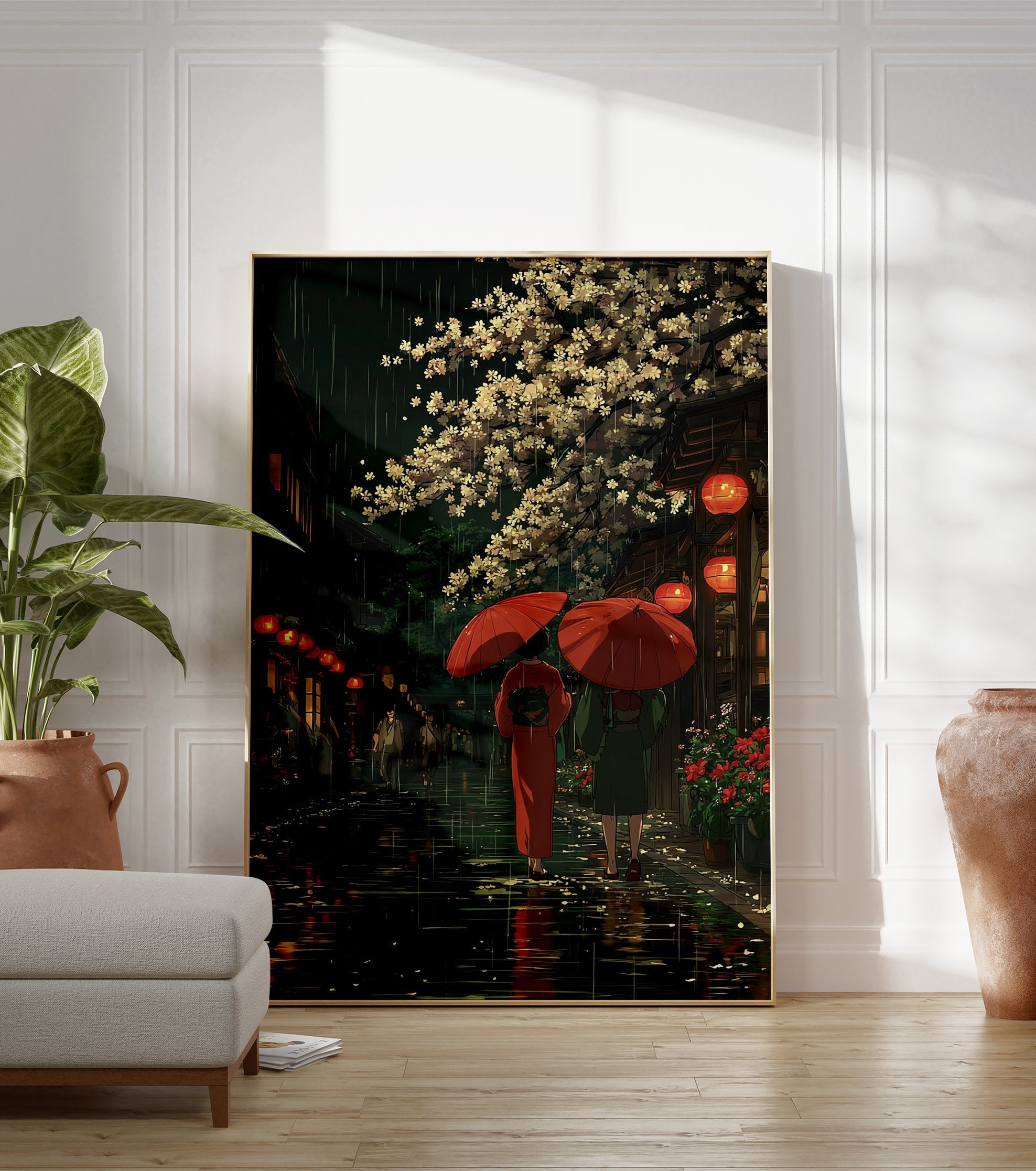 Japanese rainy street poster featuring two people with red umbrellas under cherry blossoms at night, with traditional buildings and lanterns. - Image 3