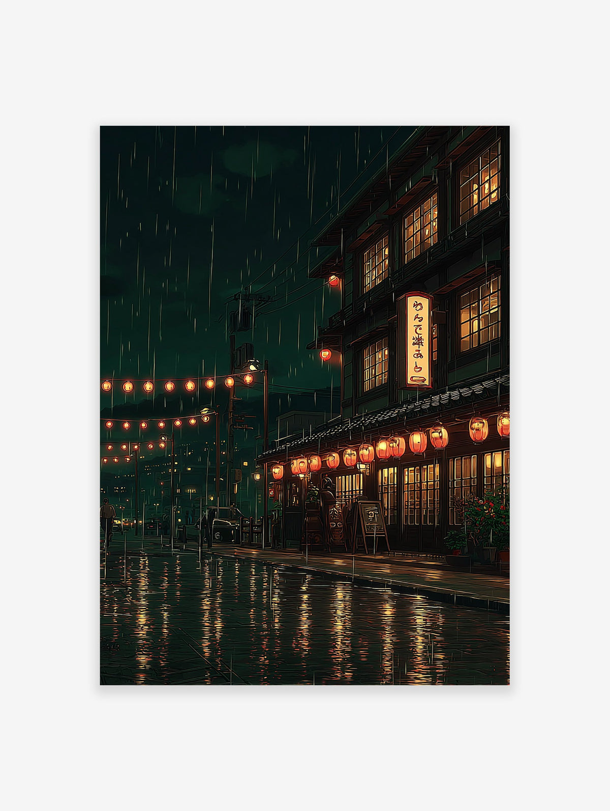 A Japanese Rainy Street poster showing traditional buildings with glowing lanterns and windows reflecting on wet streets at night.