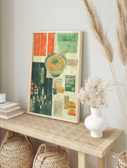 Japanese collage print with a ramen bowl, street scene with lanterns, green vending machine, in an alternate framed mockup