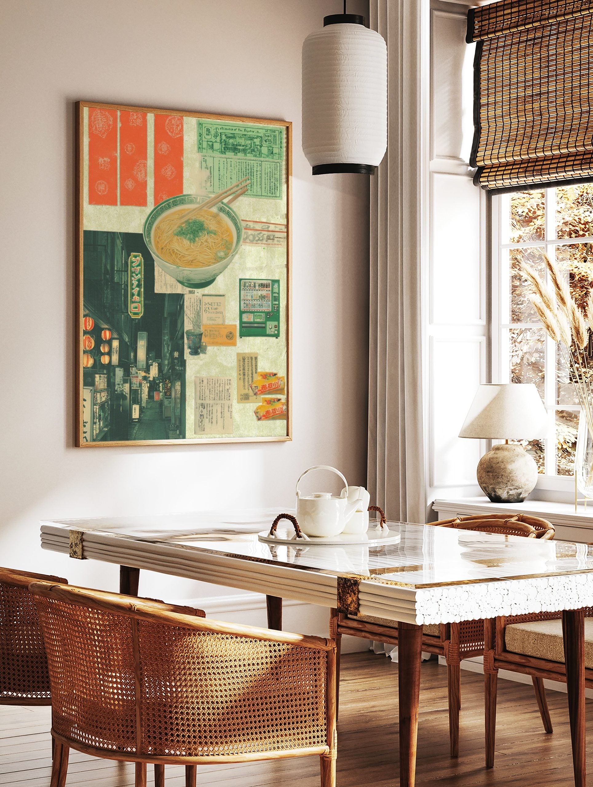 Japanese collage print with a ramen bowl, street scene with lanterns, green vending machine, and, in a styled room mockup