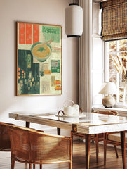 Japanese collage print with a ramen bowl, street scene with lanterns, green vending machine, and, in a styled room mockup
