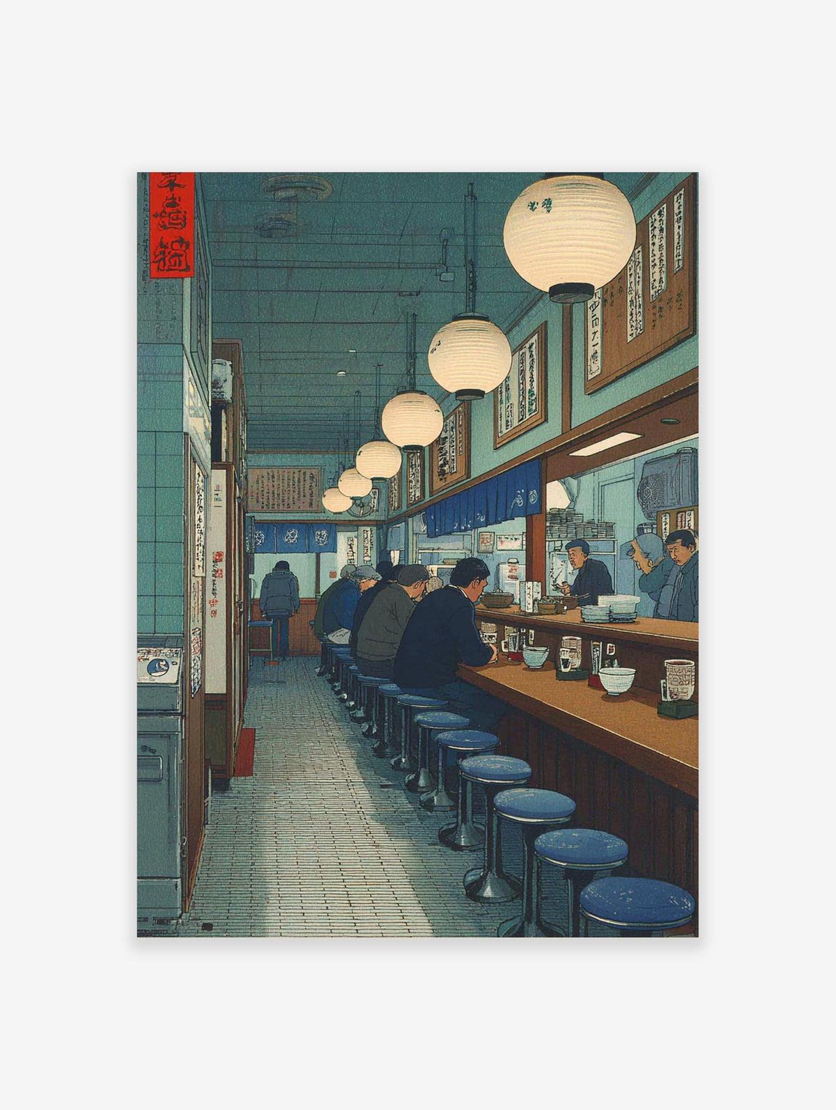 Illustrative print of Japanese ramen bar interior with diners at a counter, paper lanterns, teal walls, and wooden accents
