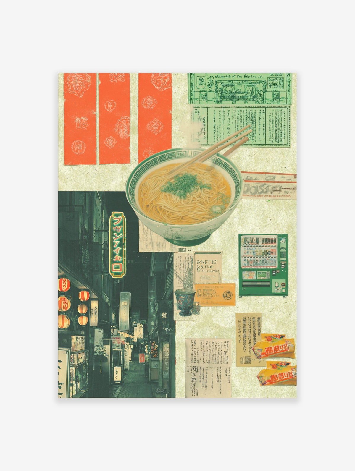 Japanese ramen bowl and chopsticks collage with night street scene, lanterns, green vending machine, and text