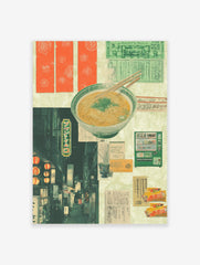 Japanese ramen bowl and chopsticks collage with night street scene, lanterns, green vending machine, and text