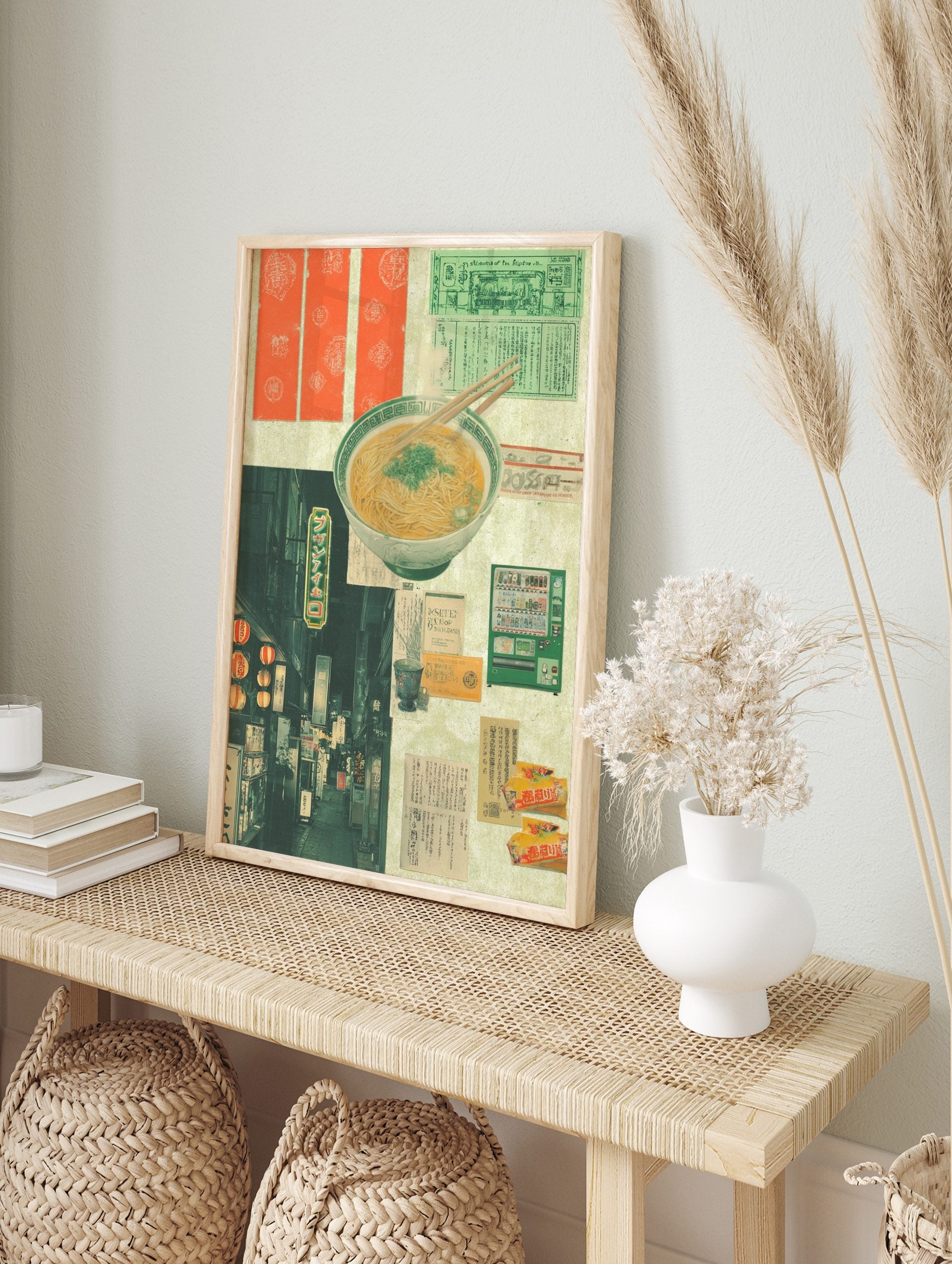 Japanese ramen bowl and chopsticks collage with night street scene, lanterns, green vending, in an alternate framed mockup