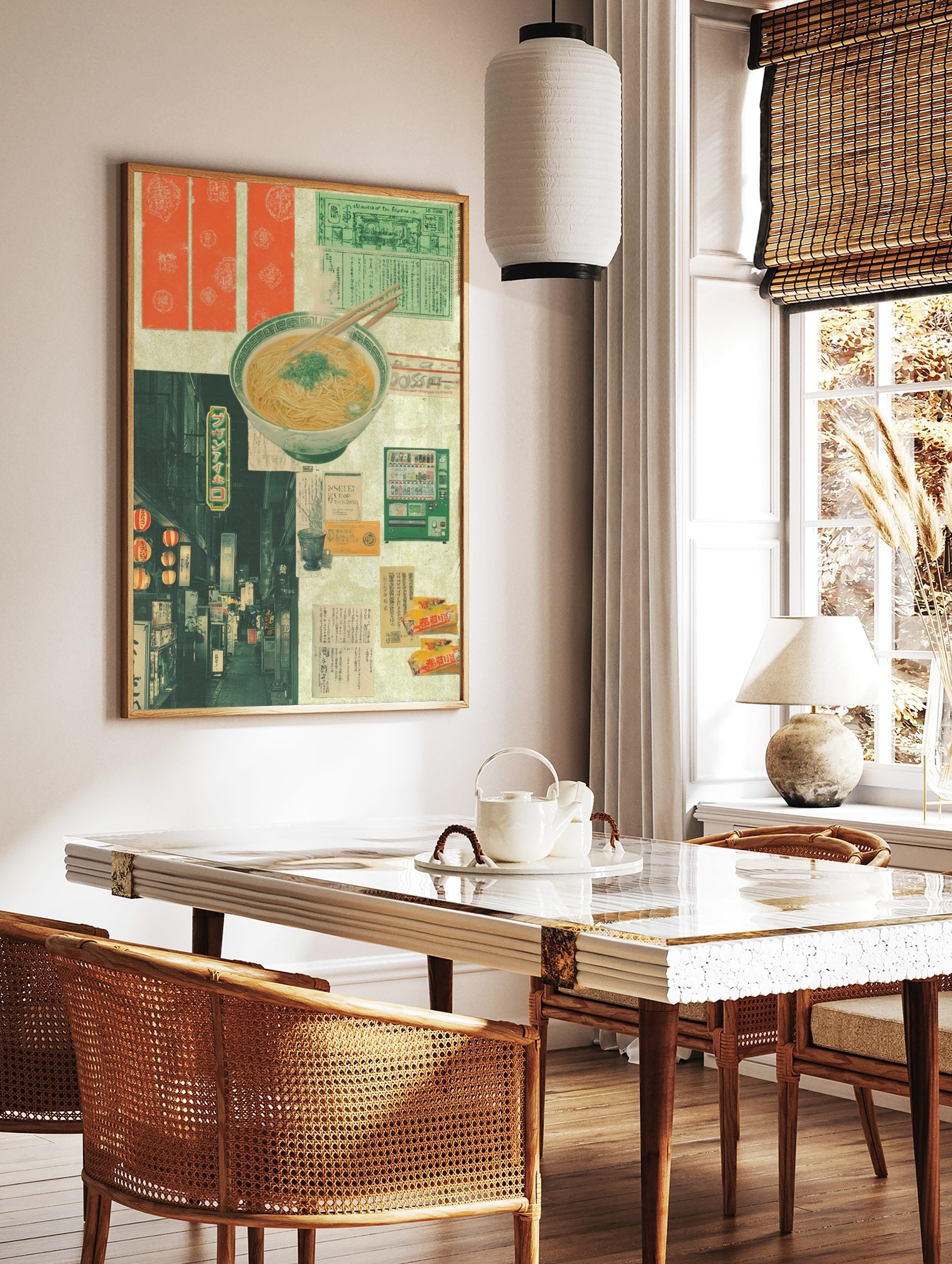 Japanese ramen bowl and chopsticks collage with night street scene, lanterns, green vending, in a styled room mockup