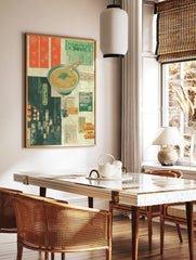 Japanese ramen bowl and chopsticks collage with night street scene, lanterns, green vending, in a styled room mockup