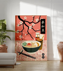 Japanese ramen poster with a bowl of noodles, egg, and greens, chopsticks, condiments, and black cherry blossom branches on a pink background. - Image 3