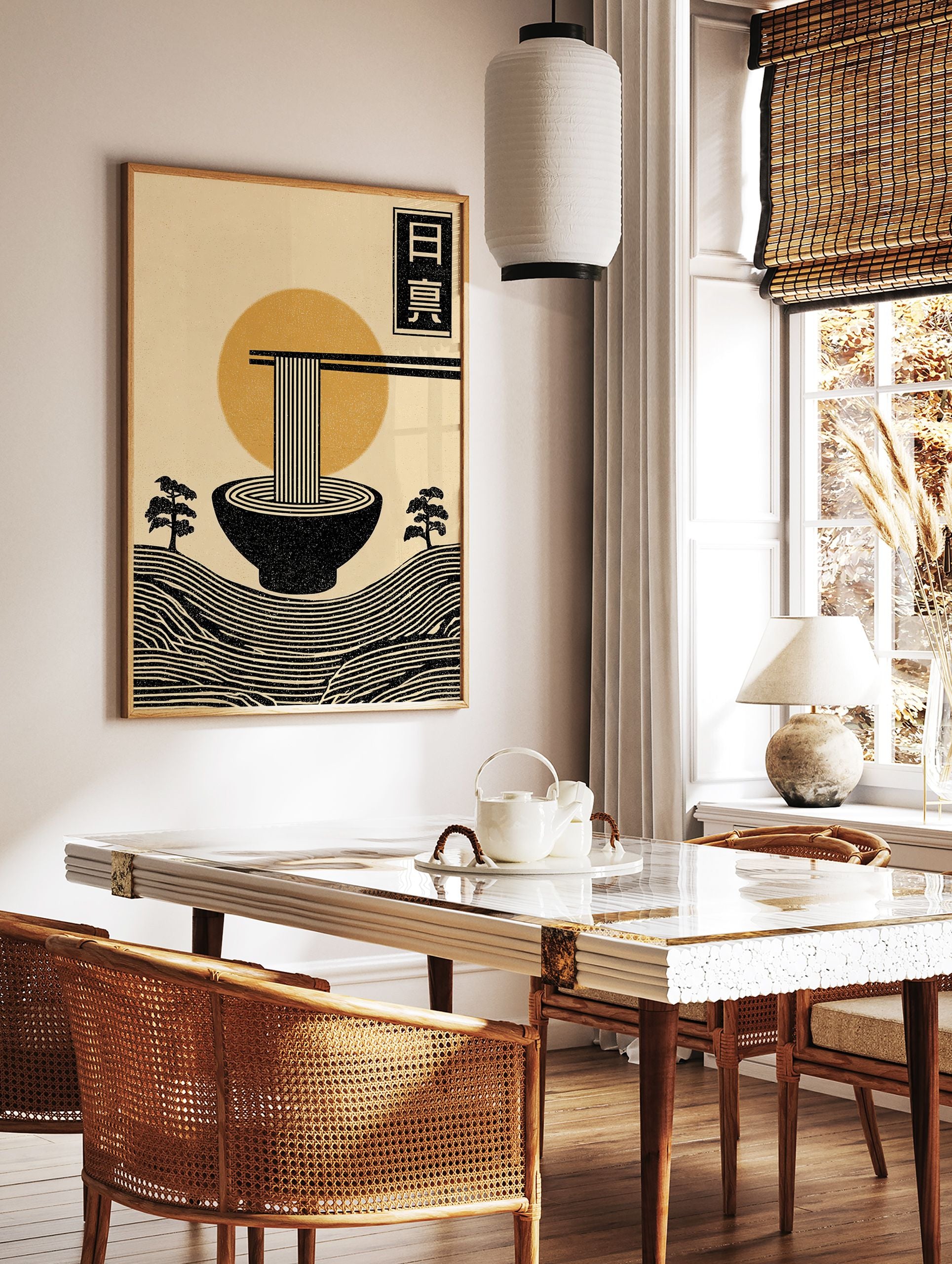 Minimalist Japanese Ramen Poster with noodles, chopsticks, a sun, and stylized landscape in black, orange, and beige. - Image 2
