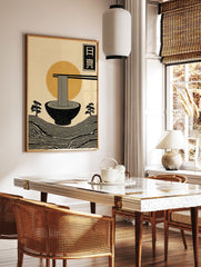 Minimalist Japanese Ramen Poster with noodles, chopsticks, a sun, and stylized landscape in black, orange, and beige. - Image 2