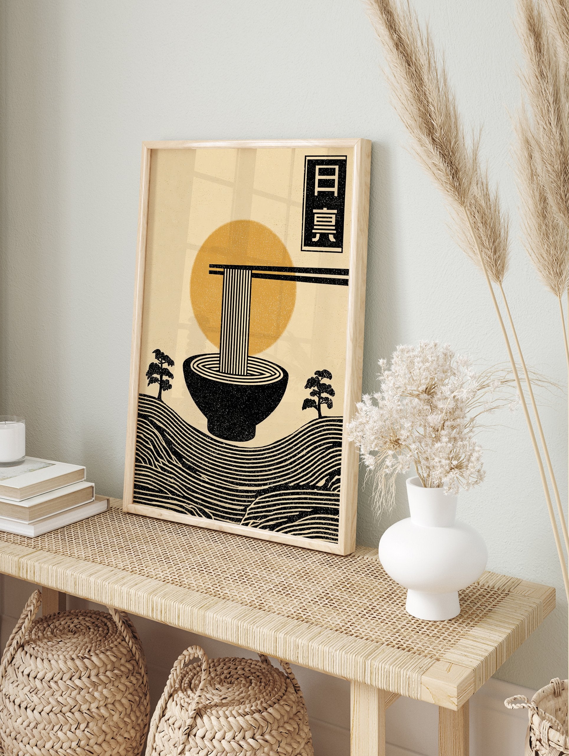 Minimalist Japanese Ramen Poster with noodles, chopsticks, a sun, and stylized landscape in black, orange, and beige. - Image 4