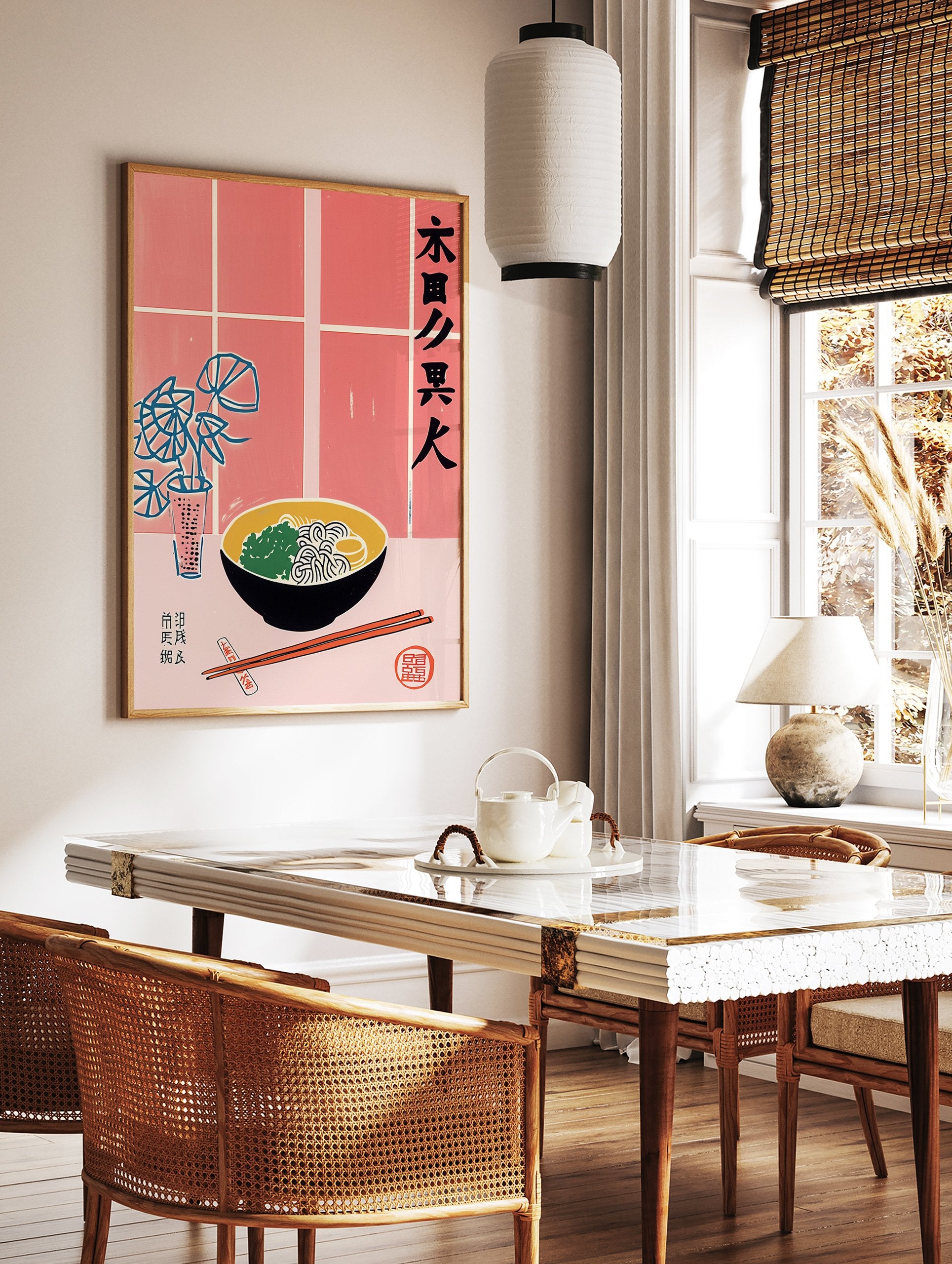 Japanese Ramen Poster illustration with a bowl of noodles, chopsticks, a plant, and Japanese calligraphy on a pink background. - Image 2