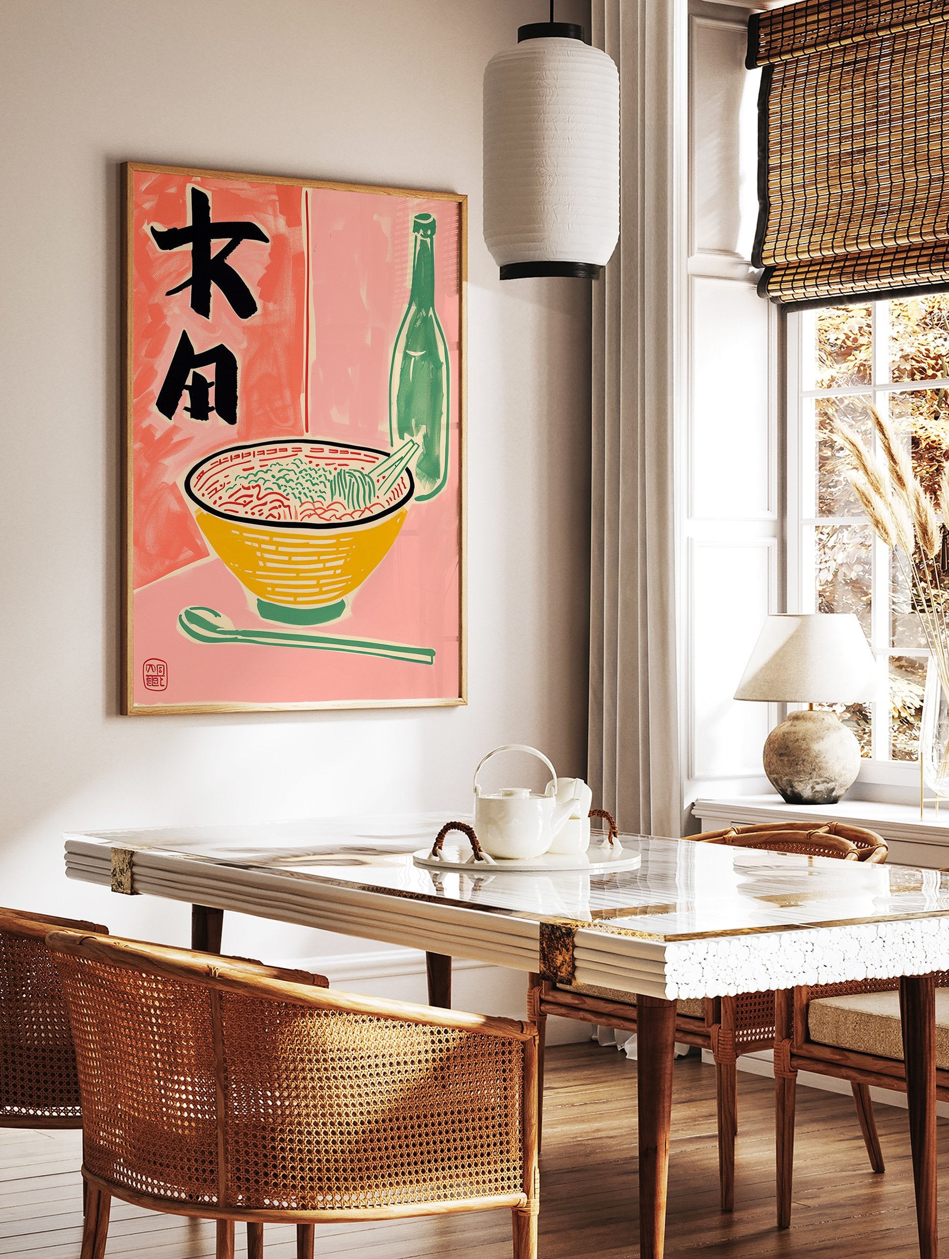 Japanese Ramen poster with a vibrant illustration of a noodle bowl, chopsticks, a green bottle, and Japanese characters. - Image 2