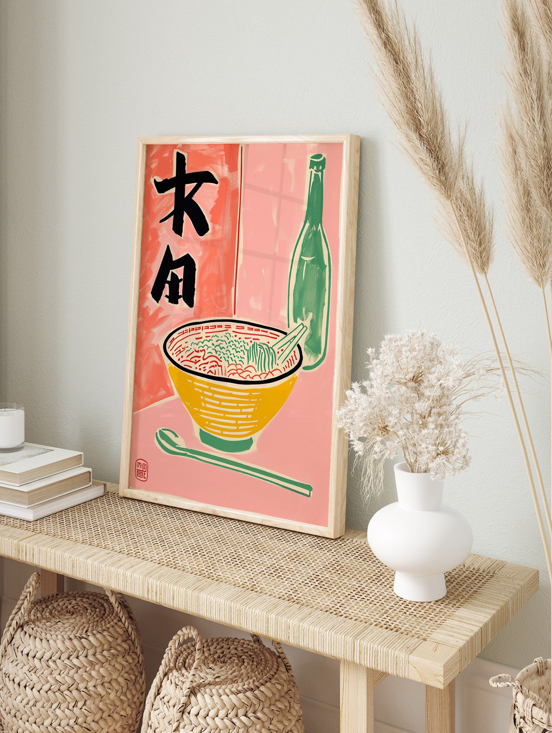 Japanese Ramen poster with a vibrant illustration of a noodle bowl, chopsticks, a green bottle, and Japanese characters. - Image 4