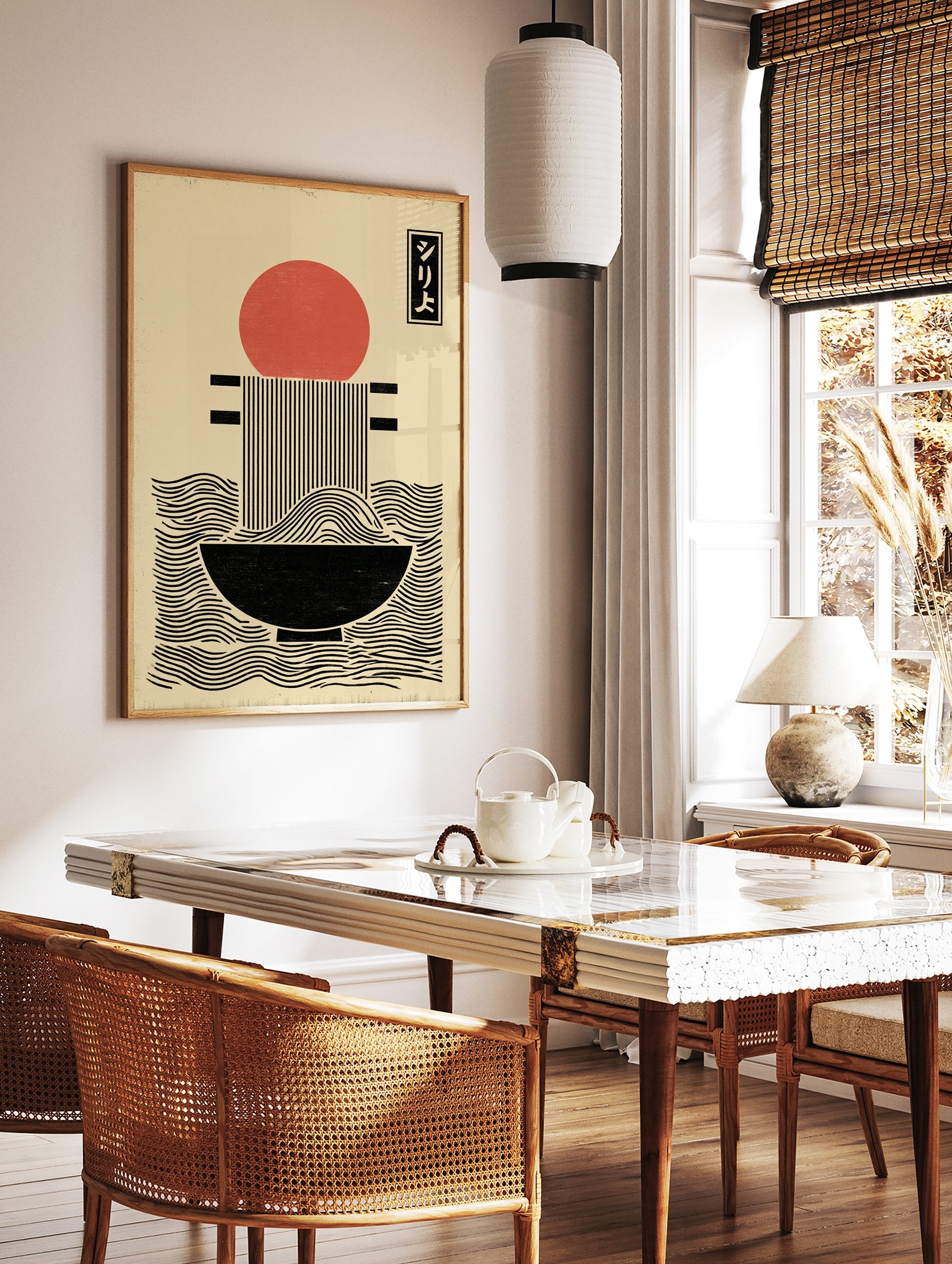 Japanese Ramen poster with a red sun over a bowl of noodles, featuring black lines and text on a cream background. - Image 2