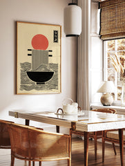 Japanese Ramen poster with a red sun over a bowl of noodles, featuring black lines and text on a cream background. - Image 2