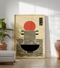 Japanese Ramen poster with a red sun over a bowl of noodles, featuring black lines and text on a cream background. - Image 3