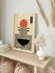 Japanese Ramen poster with a red sun over a bowl of noodles, featuring black lines and text on a cream background. - Image 4