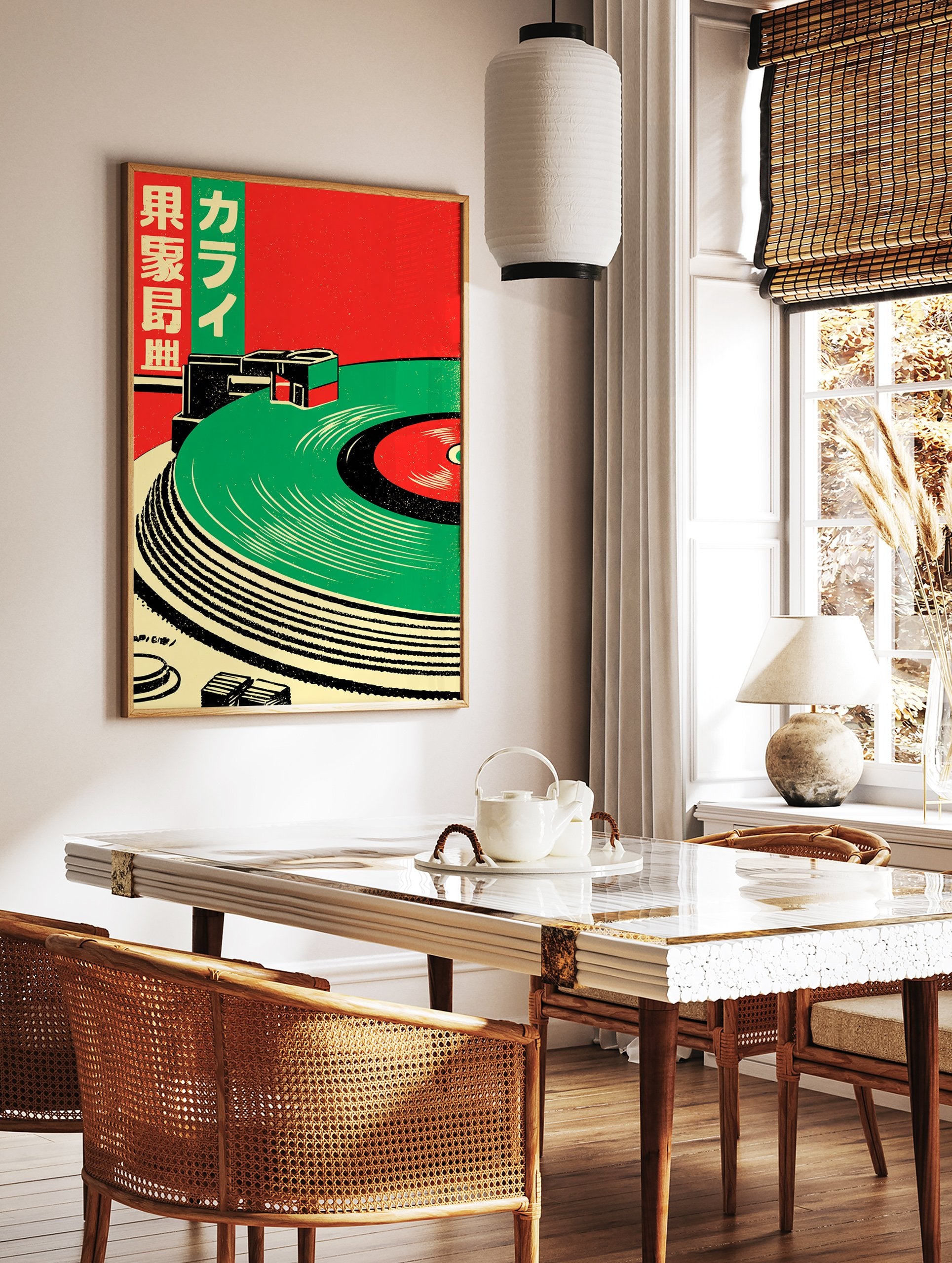 Japanese Record Player Music poster with green vinyl on a record player, red background, and Japanese text. - Image 2