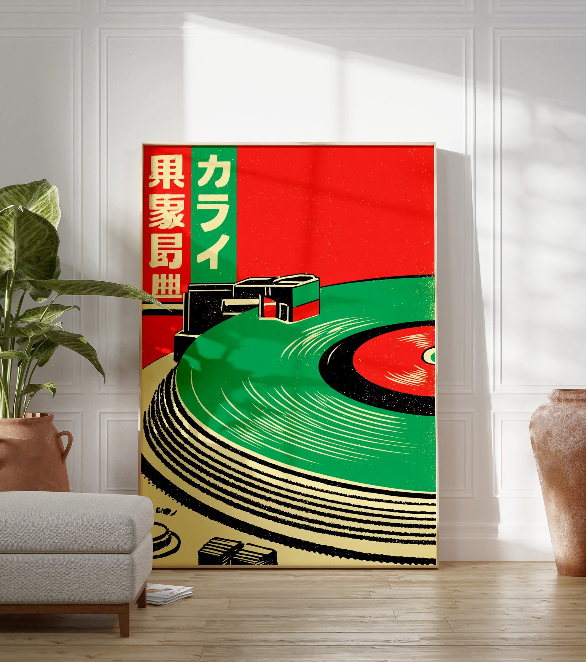 Japanese Record Player Music poster with green vinyl on a record player, red background, and Japanese text. - Image 3