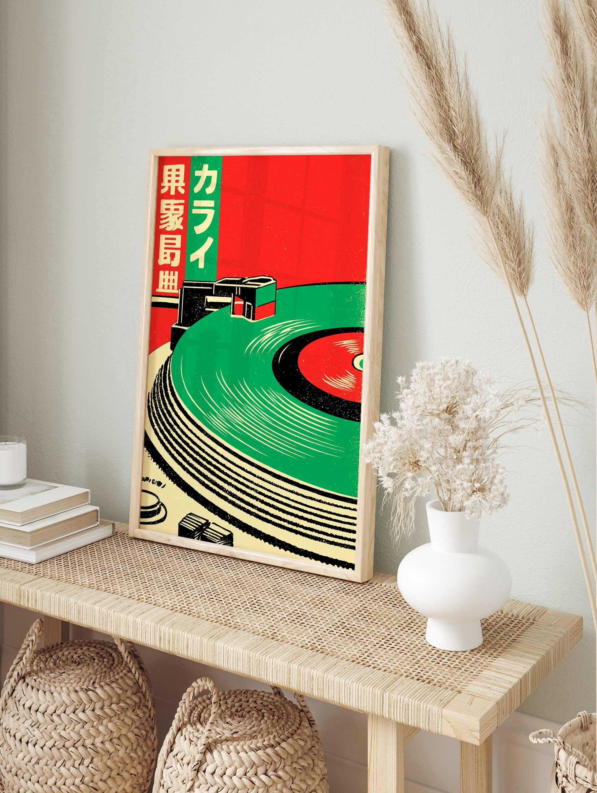 Japanese Record Player Music poster with green vinyl on a record player, red background, and Japanese text. - Image 4