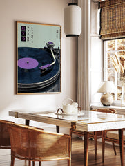 Japanese Record Player Poster featuring a blue vinyl record and purple tonearm on a light blue background. - Image 2