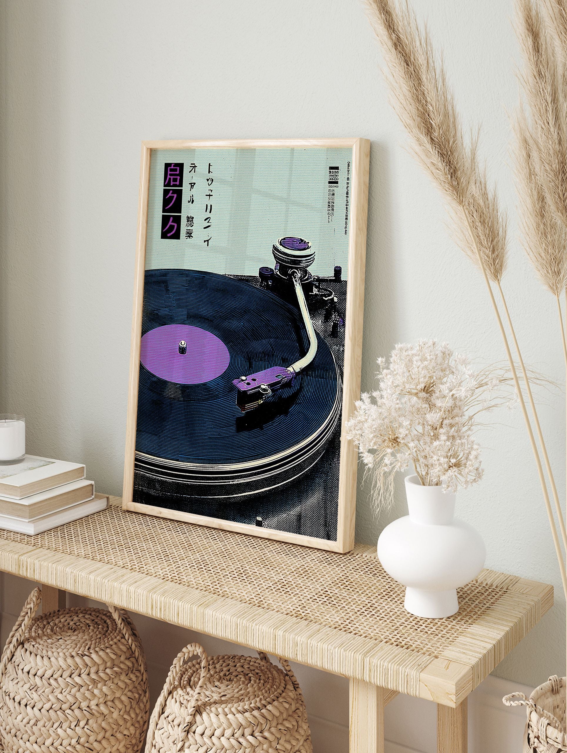 Japanese Record Player Poster featuring a blue vinyl record and purple tonearm on a light blue background. - Image 4