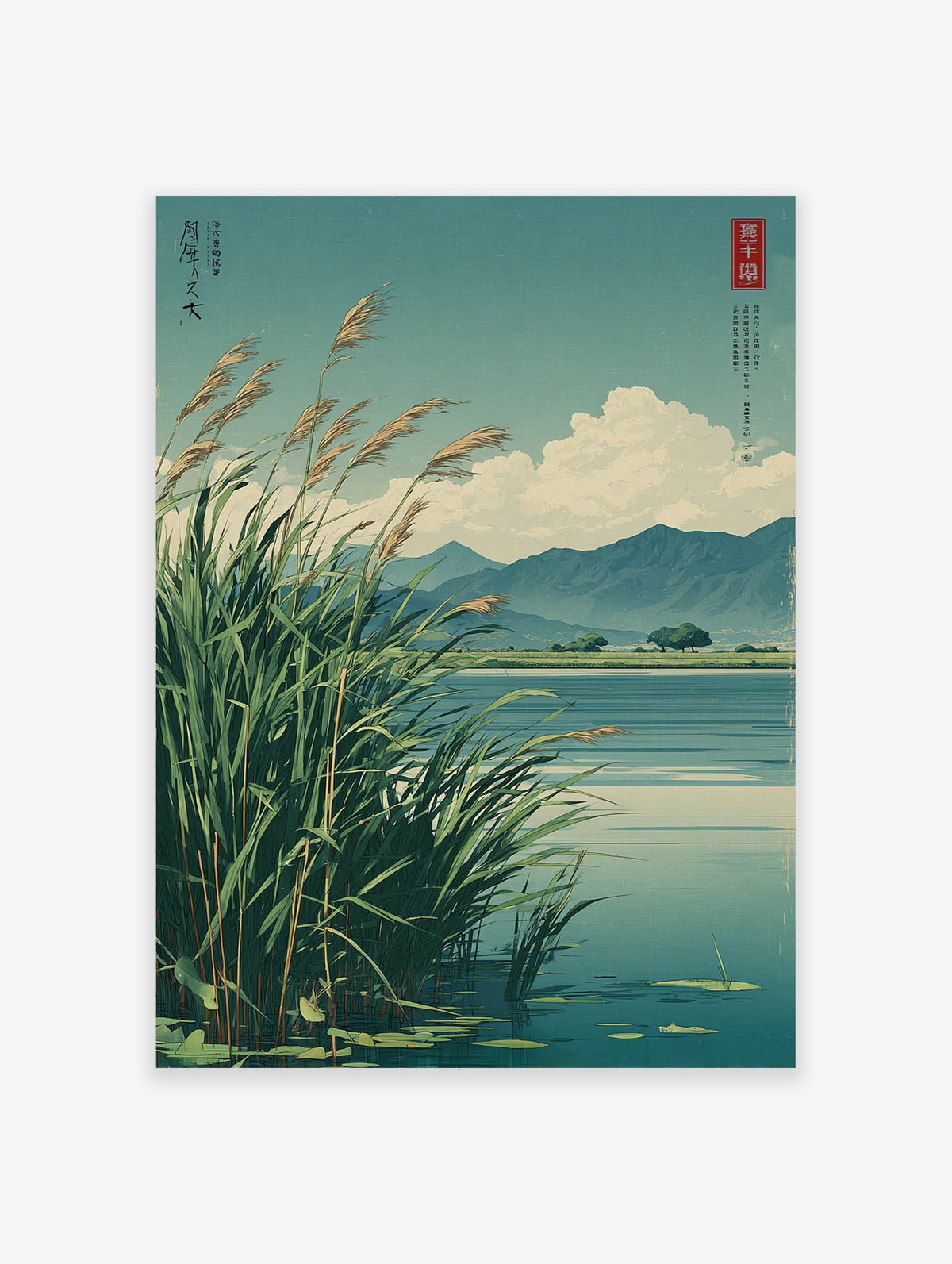 Japanese Reed Lake poster featuring tall reeds by a tranquil lake with mountains and clouds in an illustrative style.