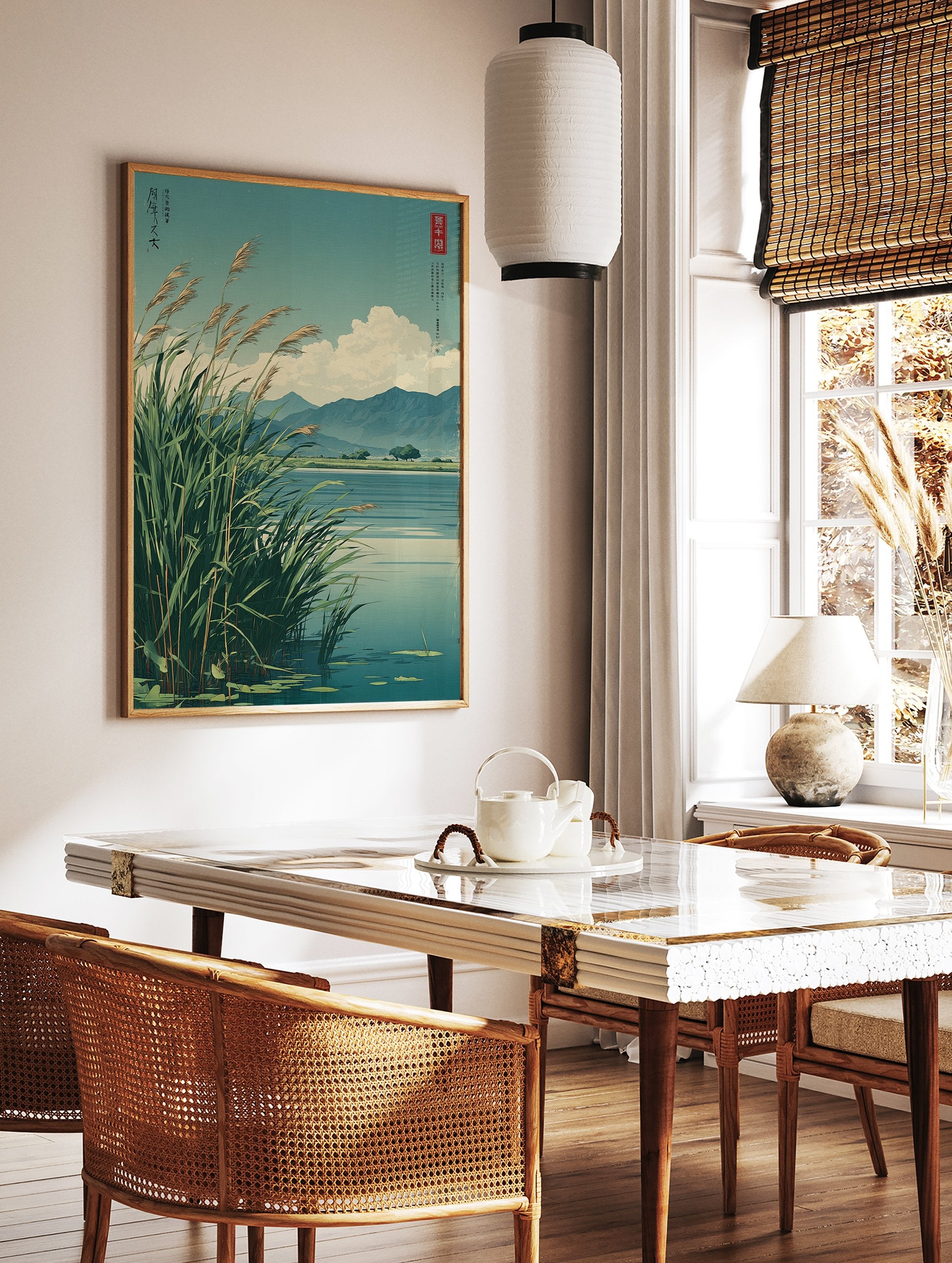 Japanese Reed Lake poster featuring tall reeds by a tranquil lake with mountains and clouds in an illustrative style. - Image 2