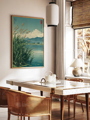 Japanese Reed Lake poster featuring tall reeds by a tranquil lake with mountains and clouds in an illustrative style. - Image 2