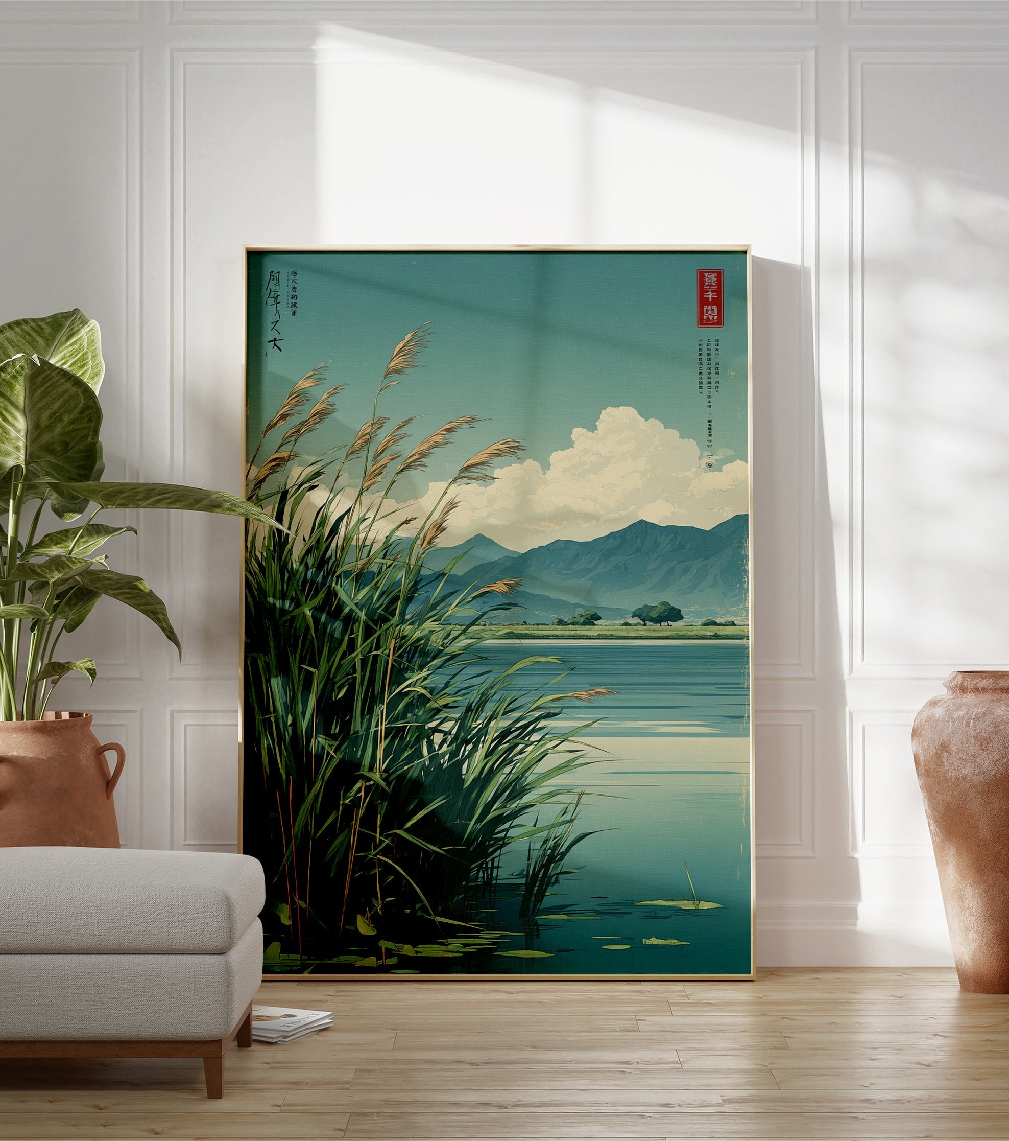 Japanese Reed Lake poster featuring tall reeds by a tranquil lake with mountains and clouds in an illustrative style. - Image 3
