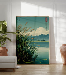 Japanese Reed Lake poster featuring tall reeds by a tranquil lake with mountains and clouds in an illustrative style. - Image 3