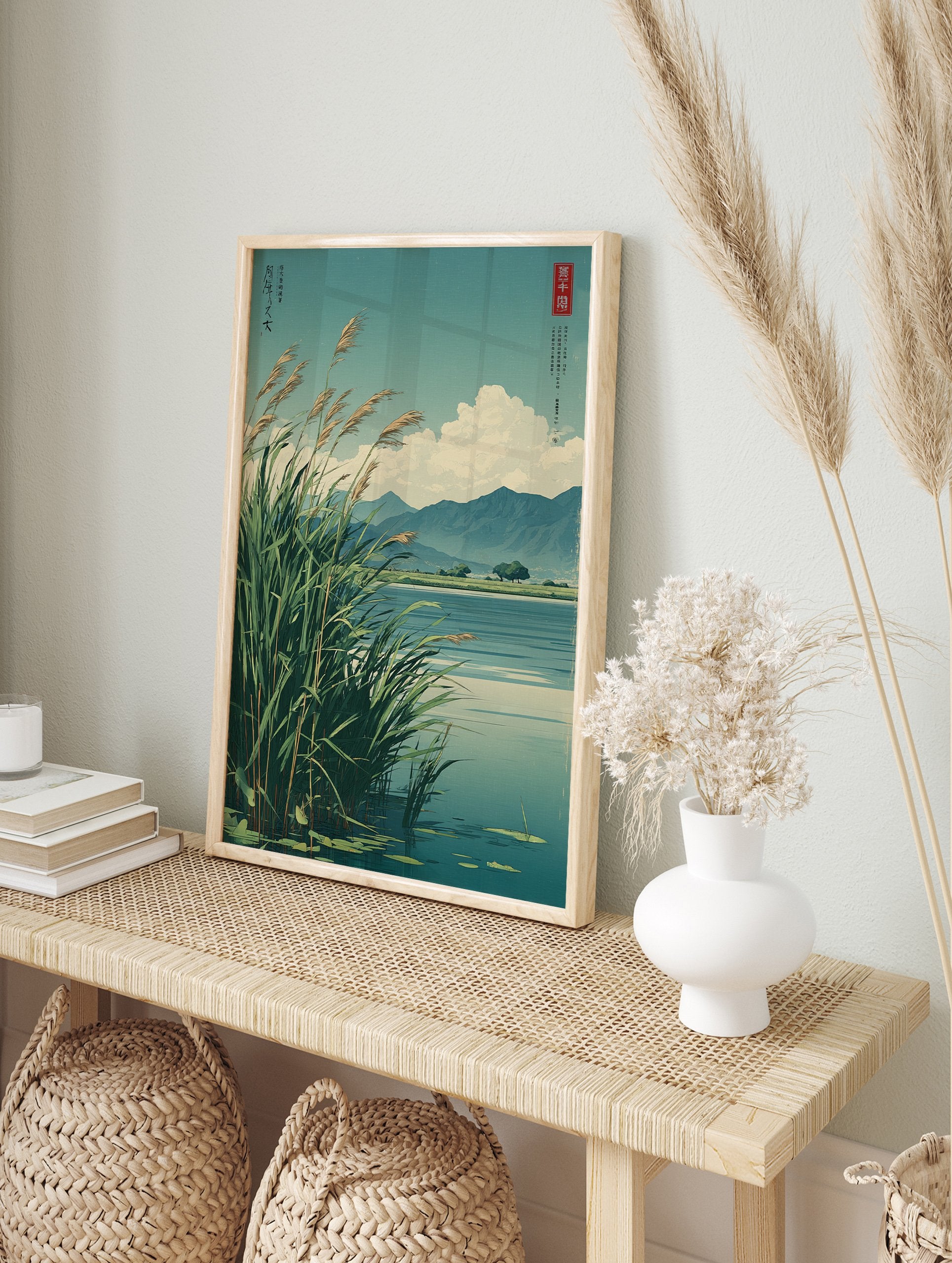 Japanese Reed Lake poster featuring tall reeds by a tranquil lake with mountains and clouds in an illustrative style. - Image 4