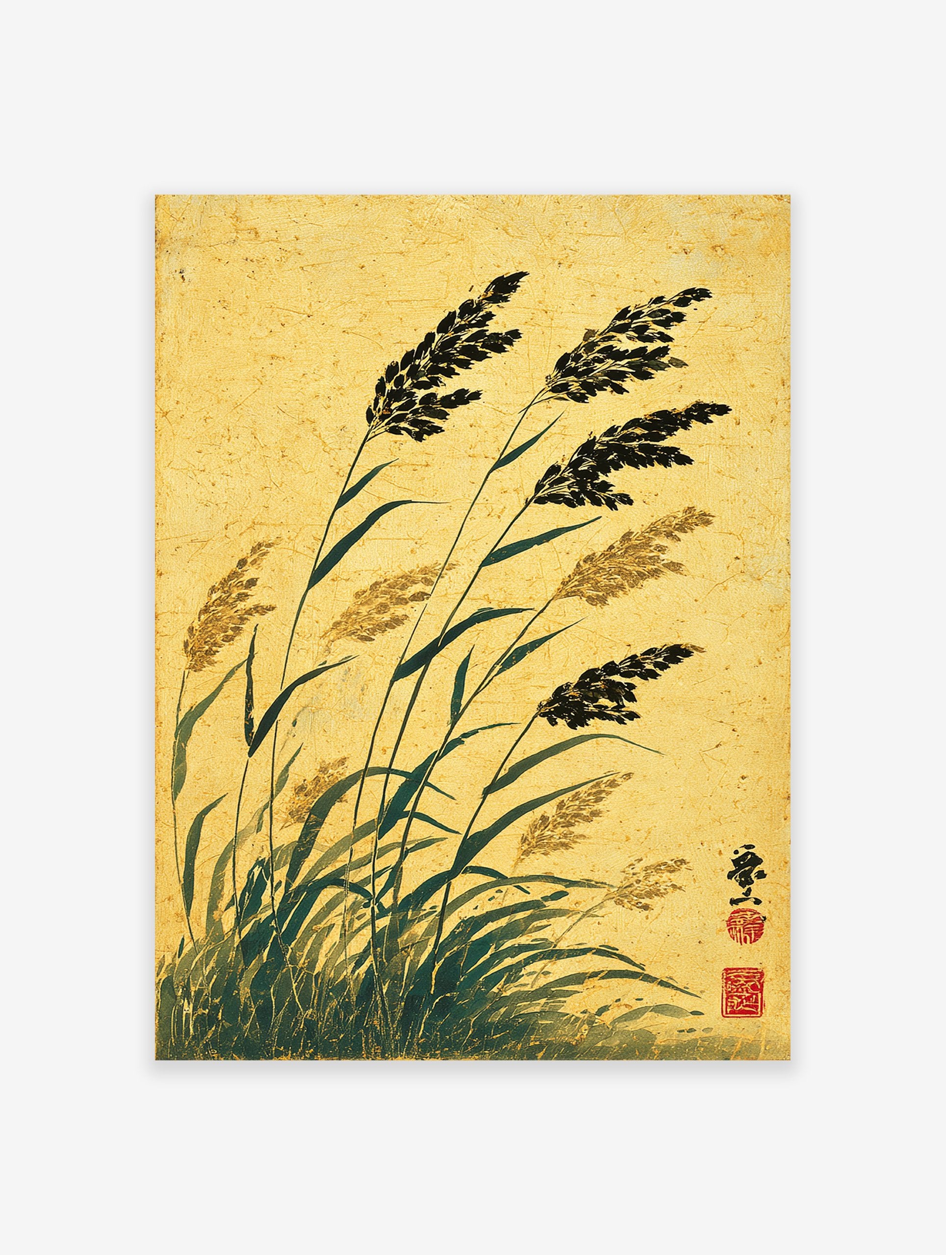 Traditional Japanese ink painting of tall reeds and grasses against a golden textured background, with red seal.