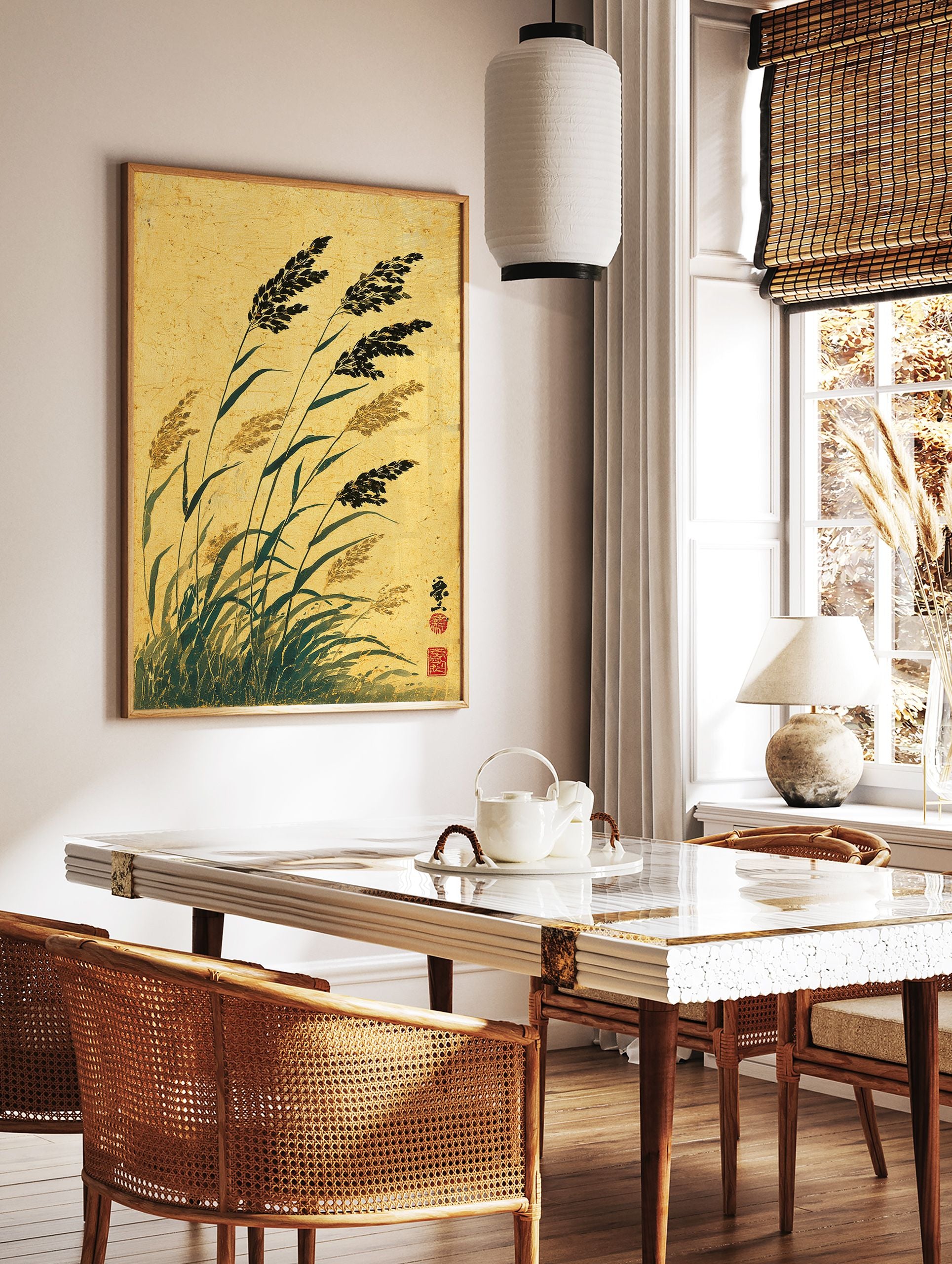 Traditional Japanese ink painting of tall reeds and grasses against a golden textured background, with red seal. - Image 2