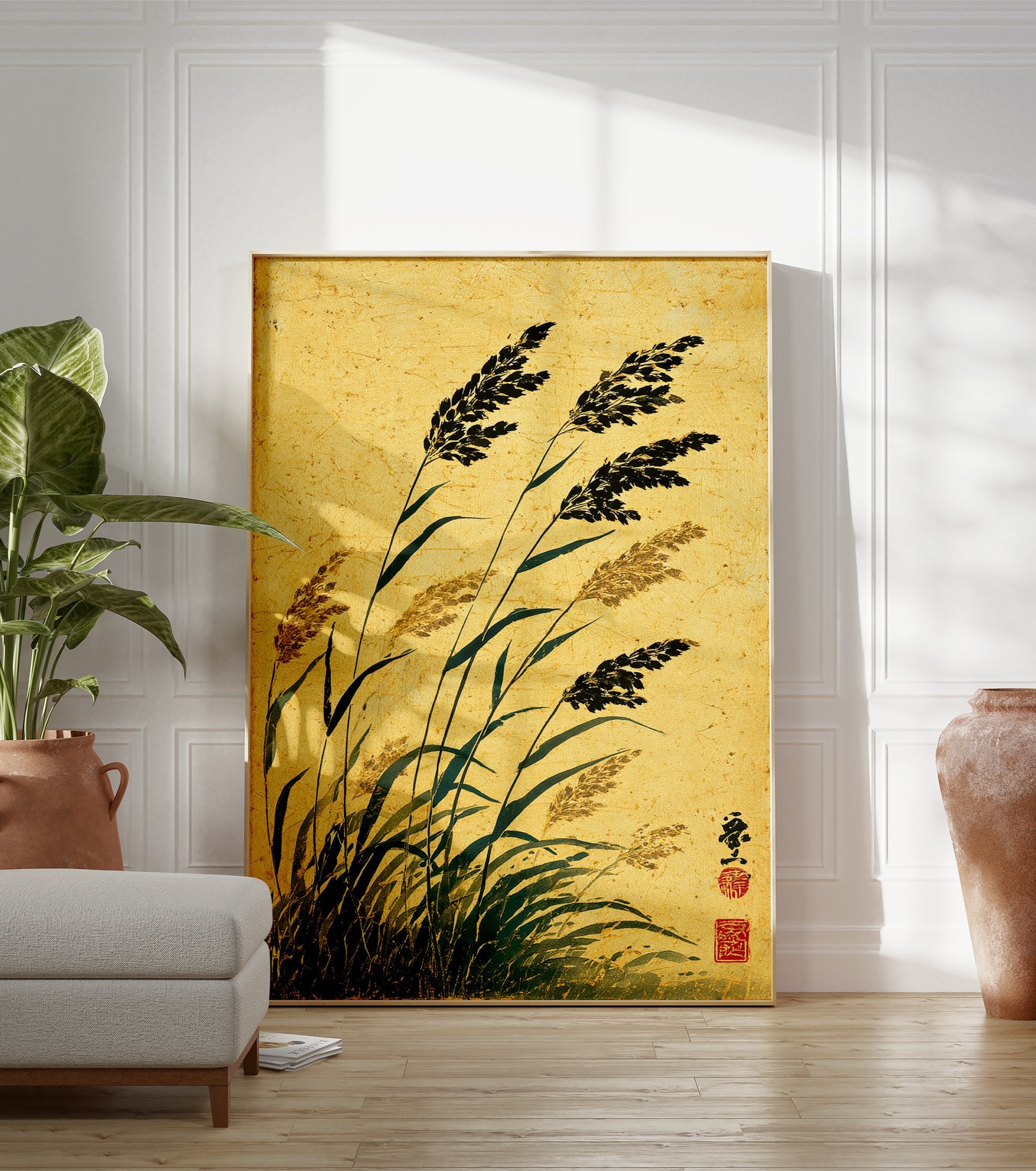 Traditional Japanese ink painting of tall reeds and grasses against a golden textured background, with red seal. - Image 3