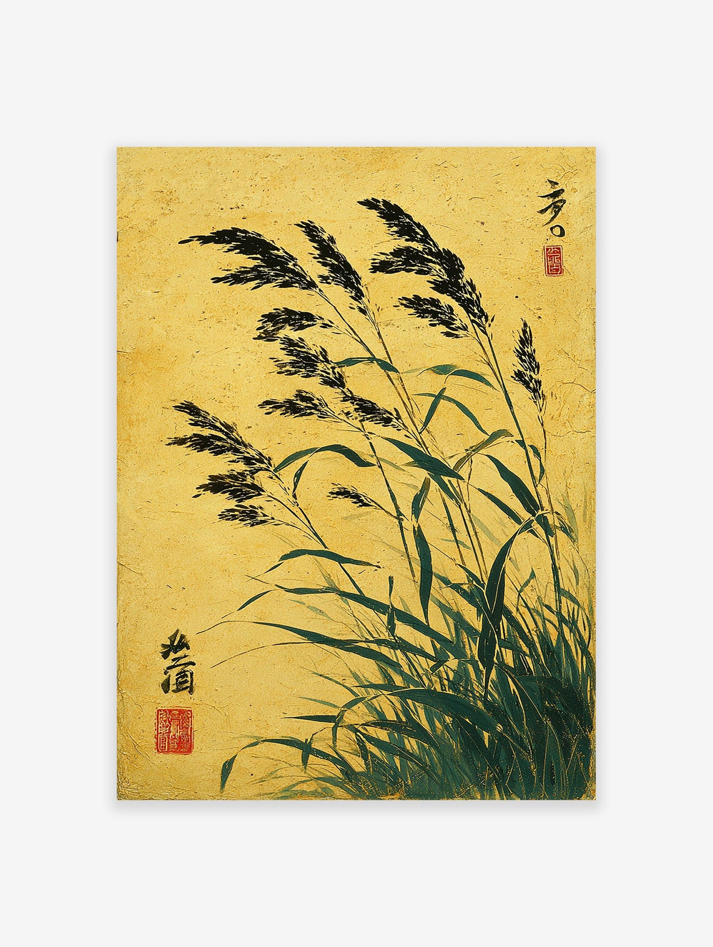 Traditional Japanese ink painting of reeds with black feathery tops and green leaves on a textured golden-yellow background.