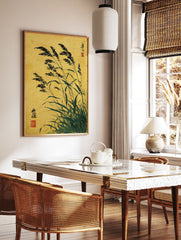 Traditional Japanese ink painting of reeds with black feathery tops and green leaves on a textured golden-yellow background. - Image 2