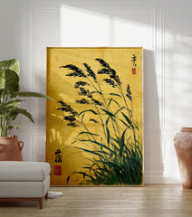 Traditional Japanese ink painting of reeds with black feathery tops and green leaves on a textured golden-yellow background. - Image 3