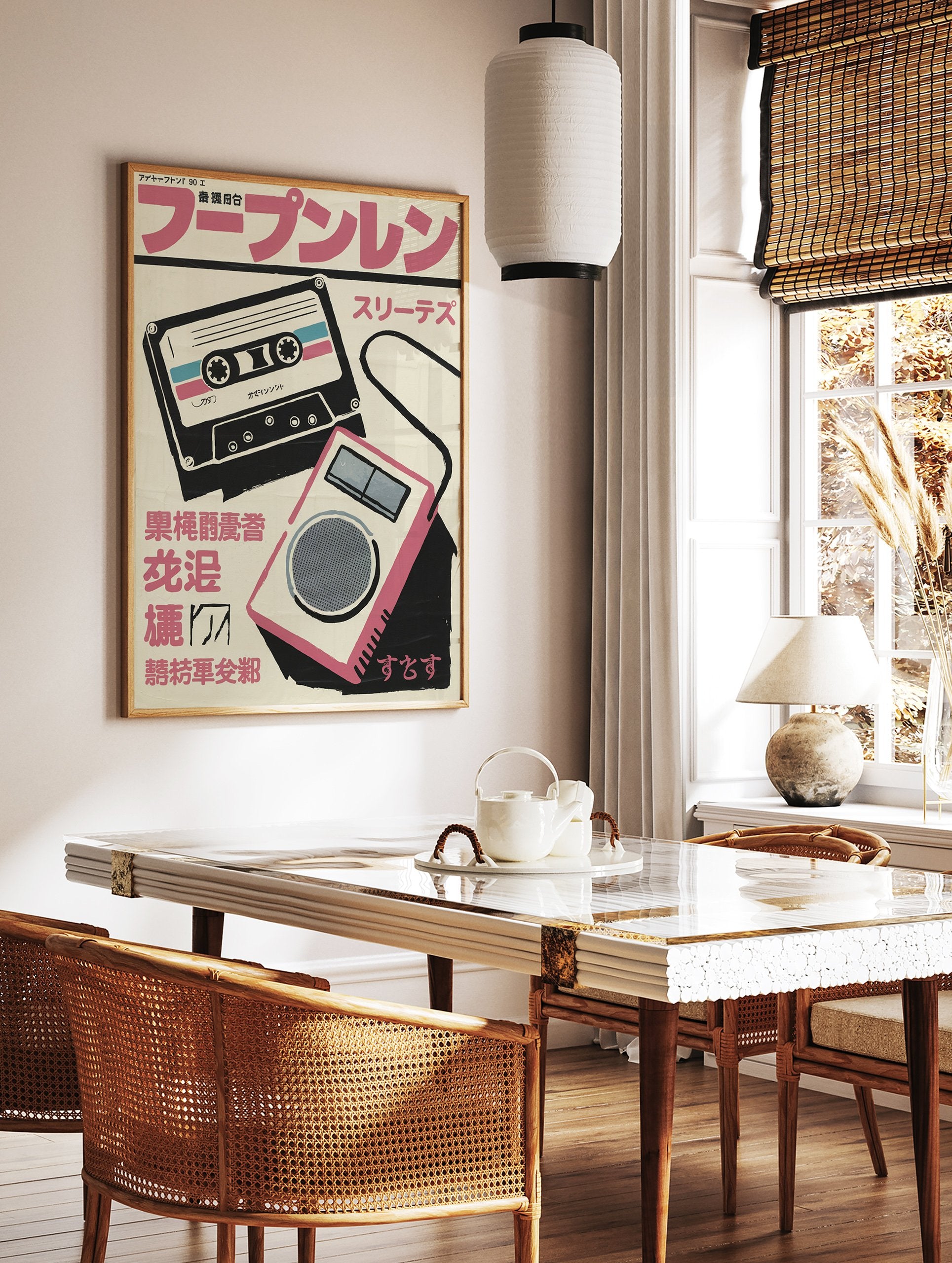 Japanese retro music poster featuring a vintage black cassette tape and a pink and grey portable player on a cream background. - Image 2