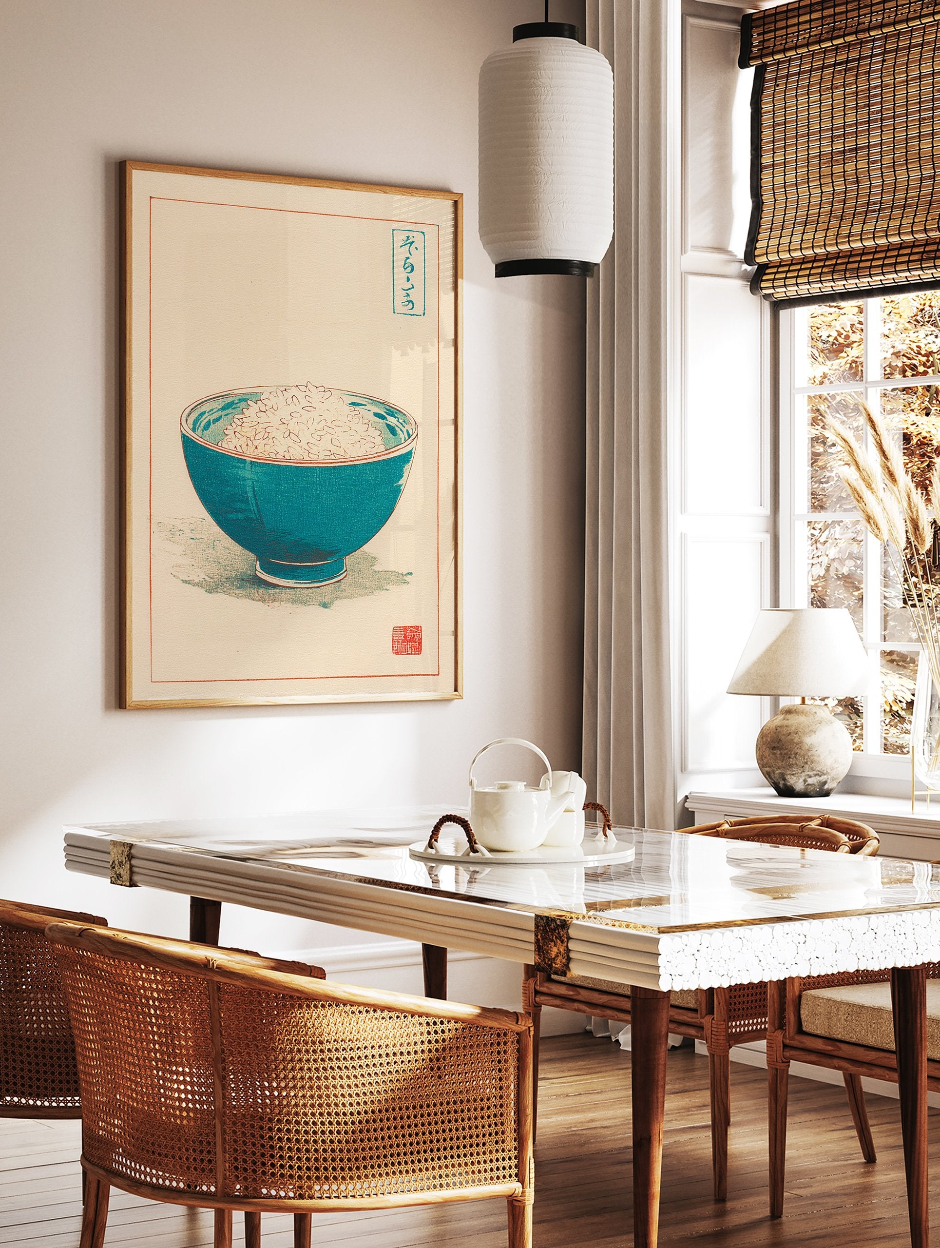 Japanese rice bowl art print with a teal blue bowl filled with white rice, red border, and traditional Japanese script. - Image 2