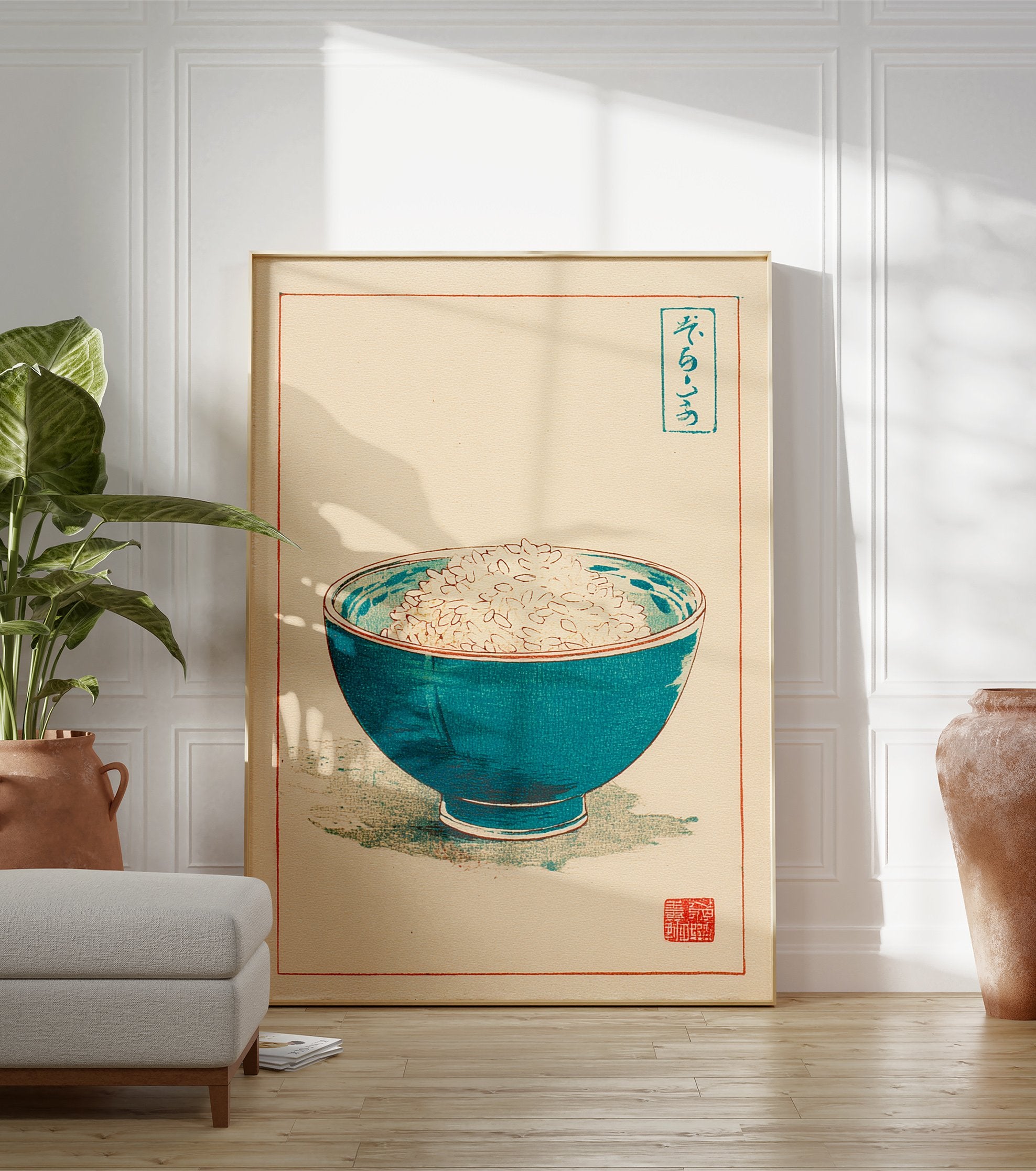 Japanese rice bowl art print with a teal blue bowl filled with white rice, red border, and traditional Japanese script. - Image 3