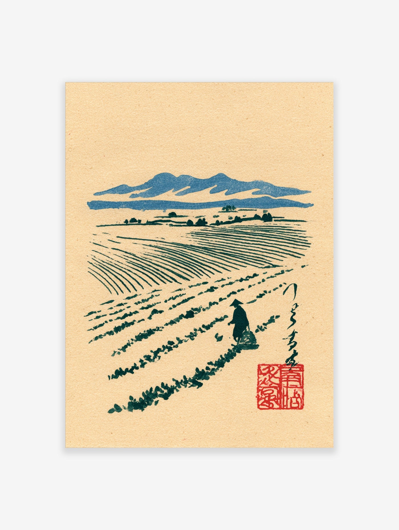 Japanese rice field art print with blue mountains, farmer, and calligraphy on beige background