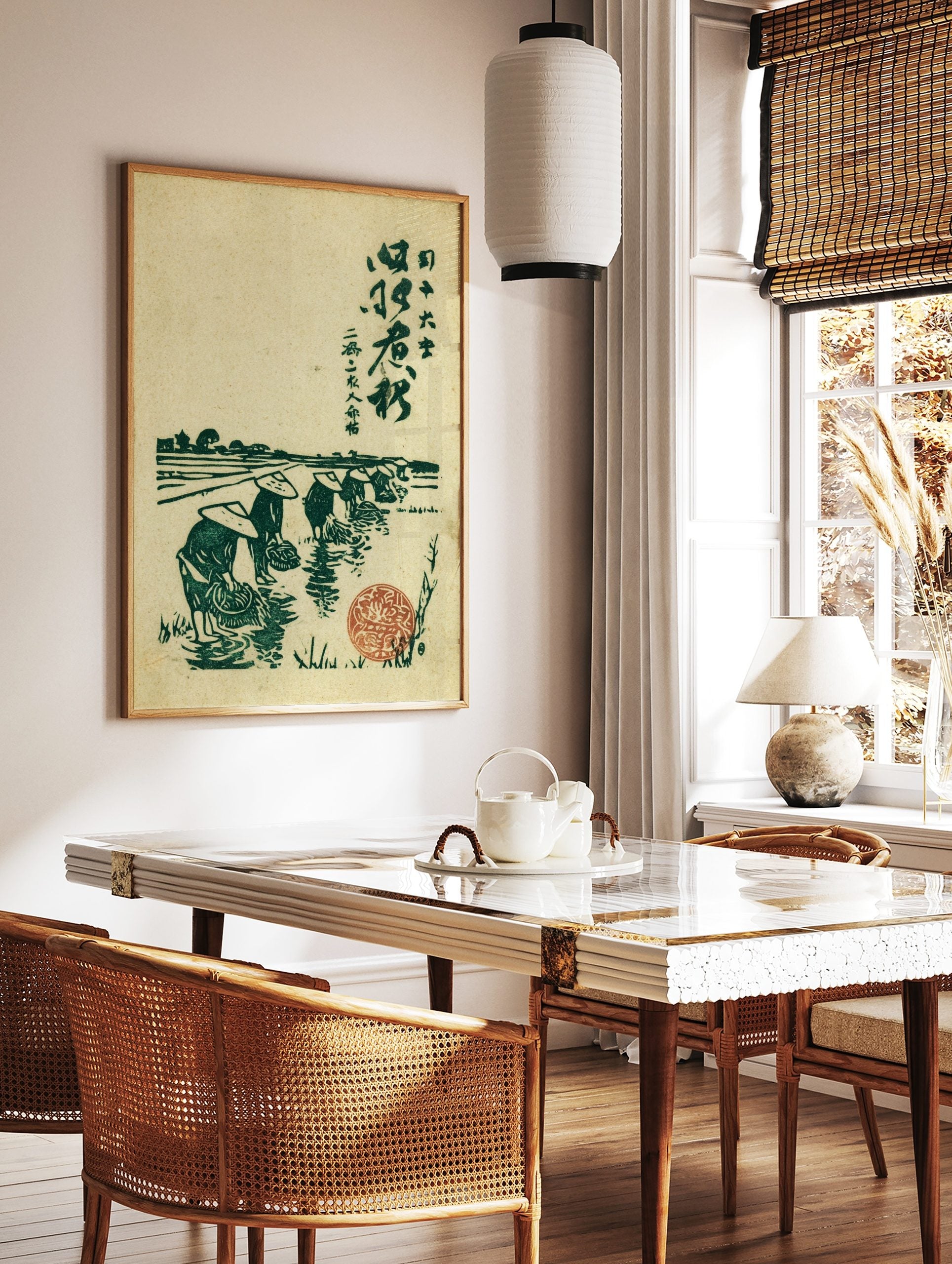 Japanese rice farmers in conical hats planting in a green paddy field, Ukiyo-e style woodblock, in a styled room mockup