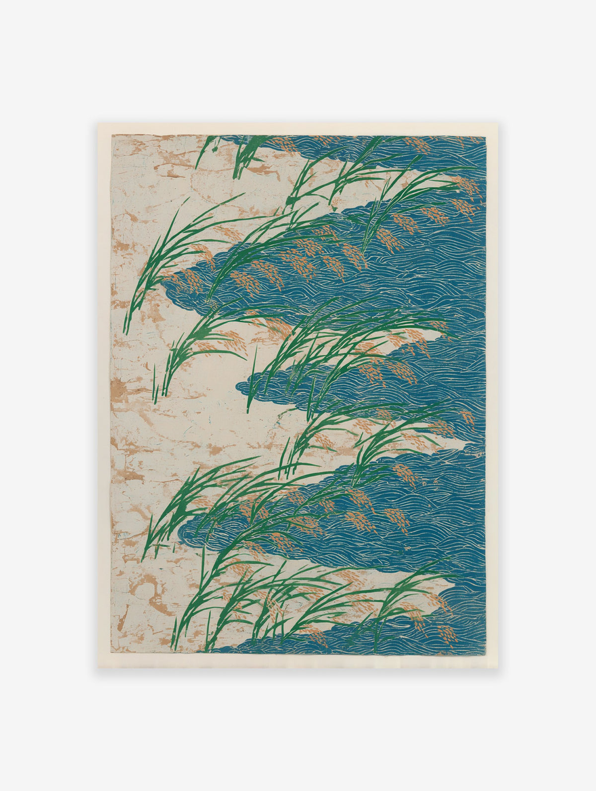 Japanese Rice Paddy poster featuring green rice plants with orange grains over blue wavy water and a textured beige background.