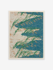 Japanese Rice Paddy poster featuring green rice plants with orange grains over blue wavy water and a textured beige background.