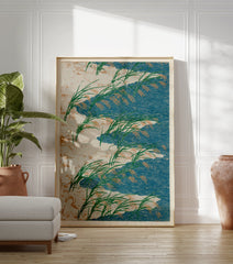 Japanese Rice Paddy poster featuring green rice plants with orange grains over blue wavy water and a textured beige background. - Image 3