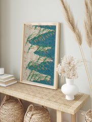 Japanese Rice Paddy poster featuring green rice plants with orange grains over blue wavy water and a textured beige background. - Image 4