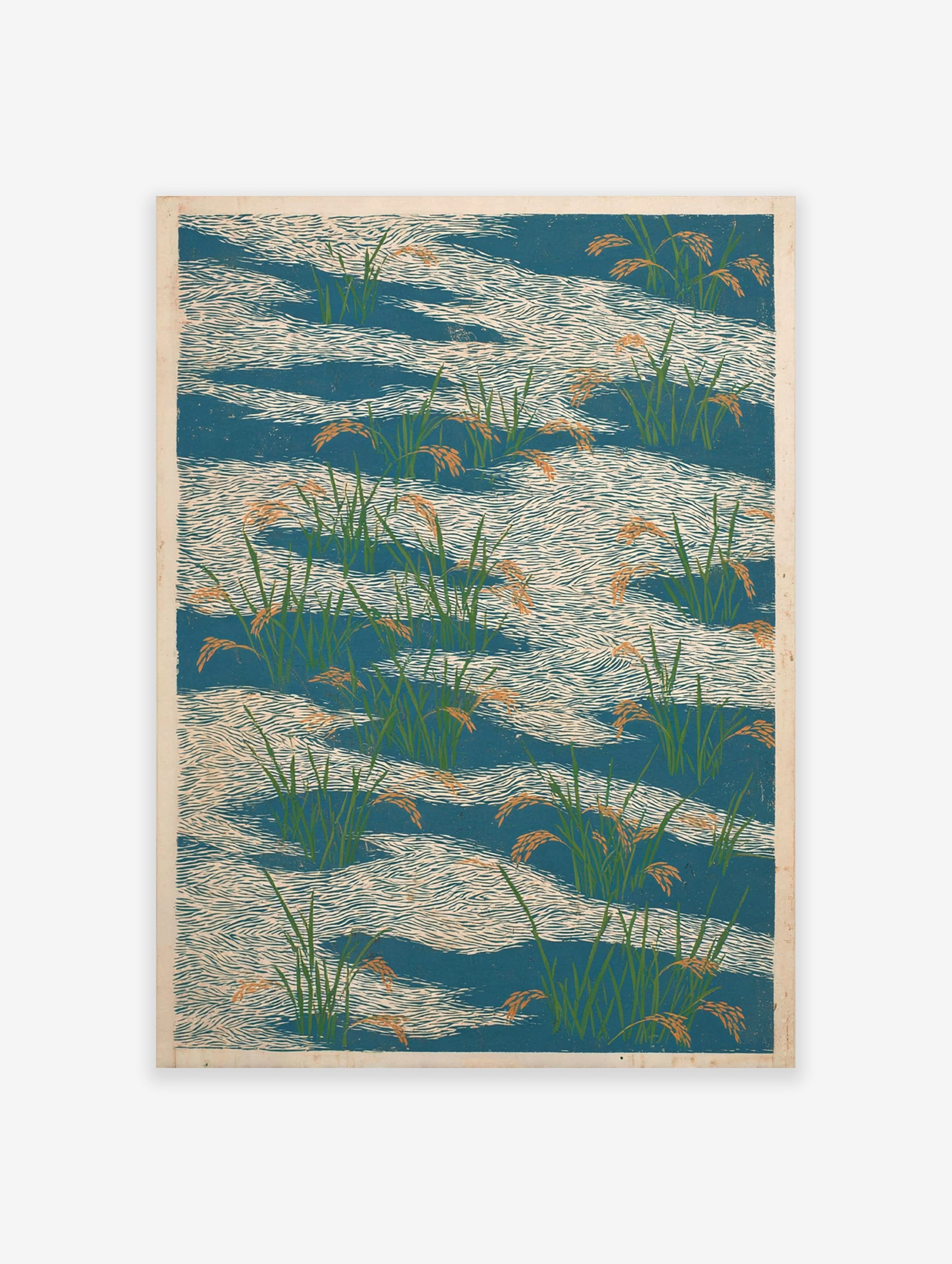 Japanese rice paddy poster with green rice plants and orange grains in blue water with white wave patterns.